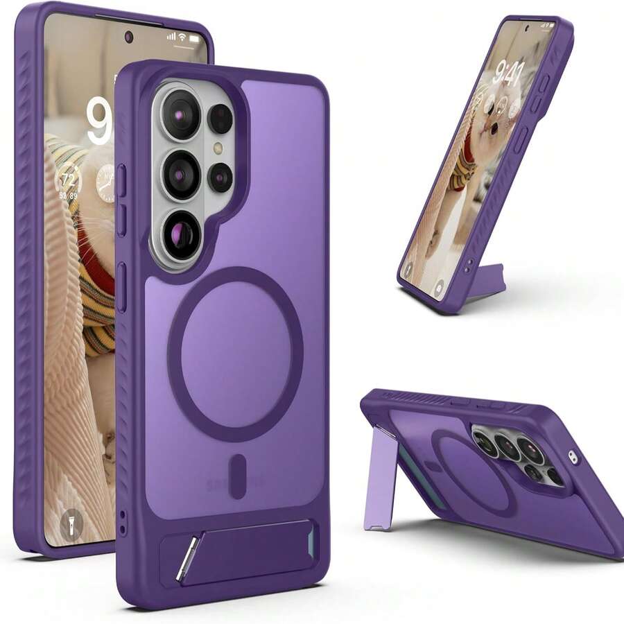 Magnetic For Samsung Galaxy S26Ultra/S26Plus/S26/S25Ultra/S25Plus/S25 Case, Built-In Stand, Compatible With Magsafe, Matte Translucent Hard Back + TPU Bumper Phone Cover With Magnets For Galaxy - Purple - View 1