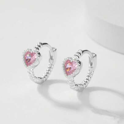 1 Đôi bông tai bạc S925 kiểu dáng tối giản hình trái tim màu hồng đính đá Zirconia, quà tặng lý tưởng cho kỳ nghỉ và hẹn hò dành cho nữ.