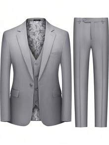Men's 3 Piece Suit Slim Fit Solid One Button Party Wedding Tuxedo Suits Blazer Jacket Vest Pants Set - Light Grey - View 2