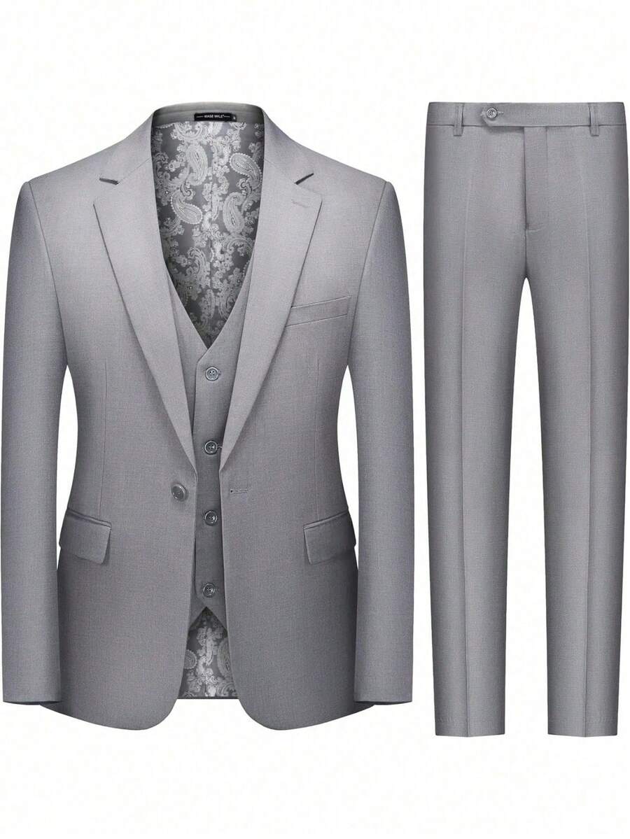 Traje de hombre de 3 piezas, corte ajustado, color liso, un botón, ideal para fiestas y bodas. Conjunto de esmoquin: chaqueta, chaleco y pantalón. - Gris Claro - Ver 1