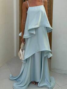 Women Long A Line Party Dress Sleeveless Asymmetrical Neck Woven Fabric With Slit - 淺藍色 - 查看 2