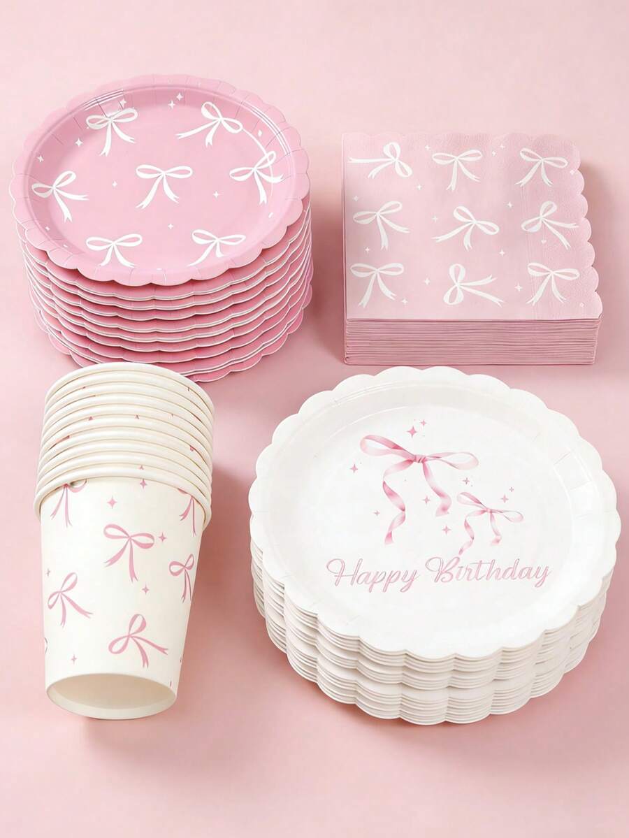Zestaw jednorazowych naczyń z kokardką w kolorze białym i różowym, akcesoria na przyjęcie urodzinowe z motywem różowej kokardy, dekoracje na baby shower, akcesoria na urodziny dziewczynki, dekoracje na pierwsze urodziny, jednorazowe talerze, kubki, serwetki na przyjęcie z okazji ujawnienia płci dziecka, dekoracja stołu na przyjęcie panieńskie, upominki na przyjęcia, akcesoria na imprezę tematyczną z kokardką w kolorze różowym - Różowa kokardka - Zobacz 1