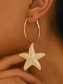 3 piezas Conjunto de joyería estilo bohemio retro con elementos marinos de lujo, collar con colgante de estrella de mar y perlas falsas, aretes de diseño metálico exagerado, para uso diario y decoración de playa, regalo. La forma, el patrón y el color de la concha son aleatorios. - Dorado - Ver 6