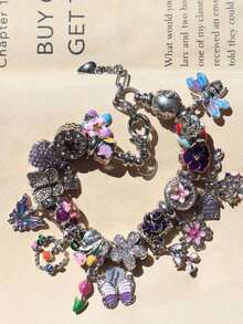 1pc Vintage Flower Charm Bracelet, Pink Sakura Flower Bracelet, Tulip Flower Bracelet, Vintage Butterfly Bracelet, Holiday Style Bracelet - 粉色 - 查看 3