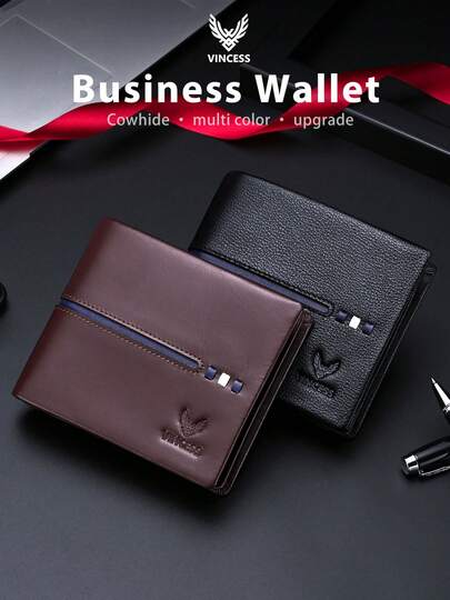  VINCESS Men's Genuine Leather Business Wallet With Anti-Theft Brush, Large Capacity, Luxury Men's Cowhide Leather Wallet, With Card Slot, Credit Card Holder, Multi-Functional Business Wallet, Casual And Fashionable, Ideal Gift For Men