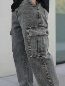 Men's Stonewashed Cargo Jeans With Drawstring Waist And Slight Stretch, Unisex Long, Loose-Fitting Casual Streetwear Skate Pants. - màu xám khói - Xem 6