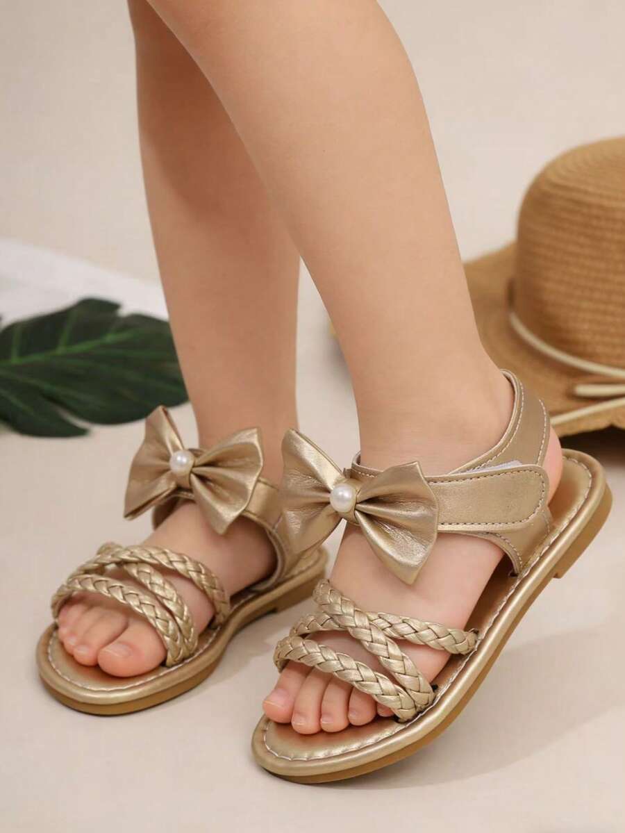 1 Pasang Sandal Anak Perempuan dengan Hiasan Pita, Desain Anyaman Silang Klasik, Sandal Datar Musim Panas Baru untuk Anak-anak, Cocok untuk Sekolah, Pesta, Jalan-jalan, Sandal Anak dengan Perekat Velcro - Emas - View 1