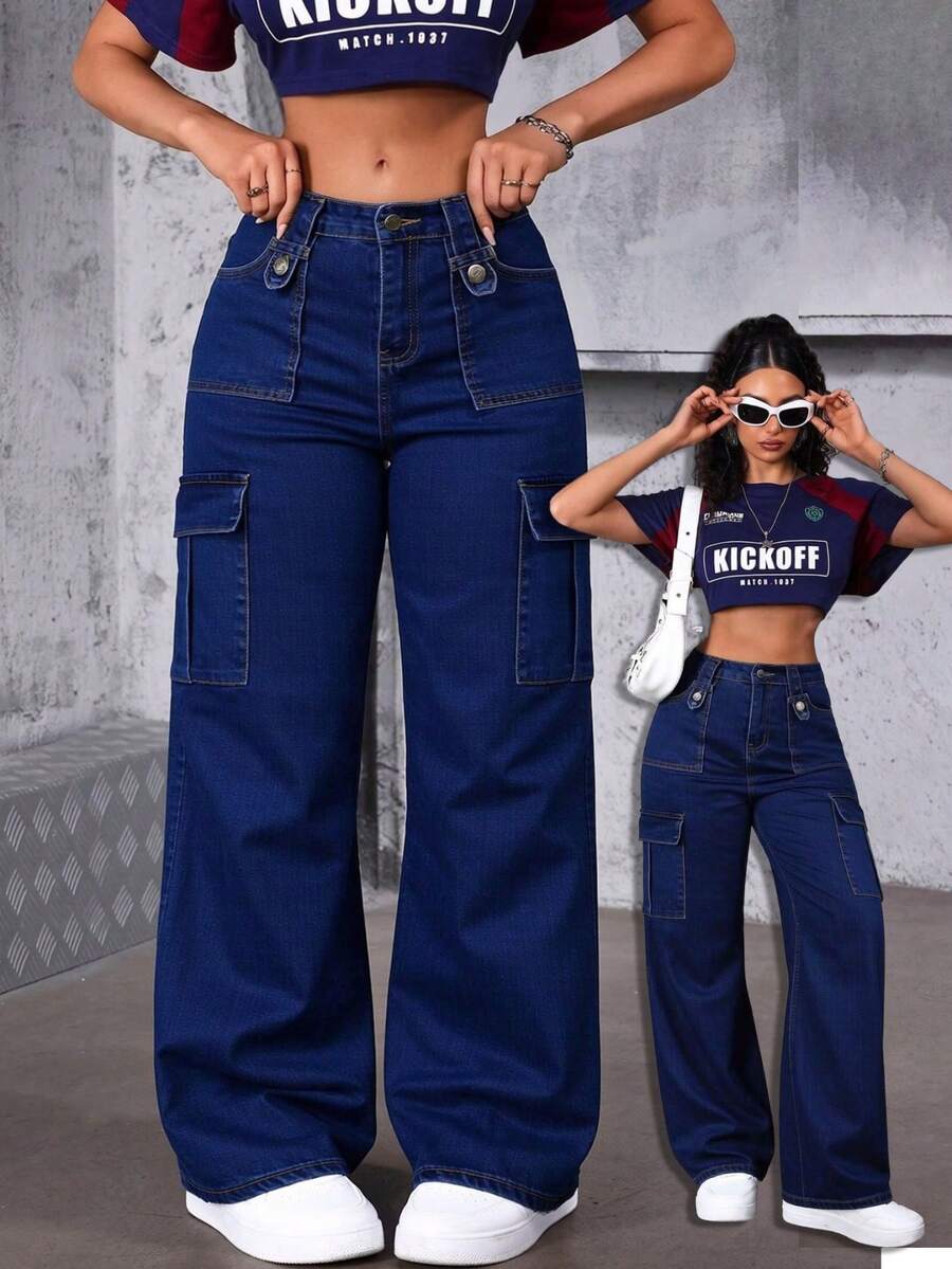 Straight-Leg Jeans With Multiple Pockets, Butt-Lifting Effect - Dark Wash - View 1
