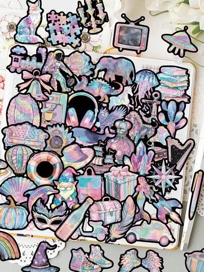 60张全息卡通涂鸦贴纸，适用于水瓶、笔记本电脑、手机、吉他、冰箱、行李箱、滑板、桌面、墙壁、学校装饰、家居装饰、生日礼物、节日礼物、剪贴簿用品。