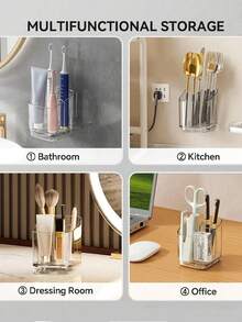 1pc Transparent Toothbrush Holder, Wall-Mounted Storage Rack With Compartments, Storage Rack For Toothpaste And Toothbrushes, Creative No-Drill Bathroom Storage, Can Hold Toothbrushes, Combs, And Razors, Home Bathroom Decoration, Suitable For Various Surfaces, Holder For Toothbrushes And Cosmetics, Designed To Save Space, Serves As A Storage Rack On Bathroom Sinks, Toilets, And Countertops - Multicolor - View 4