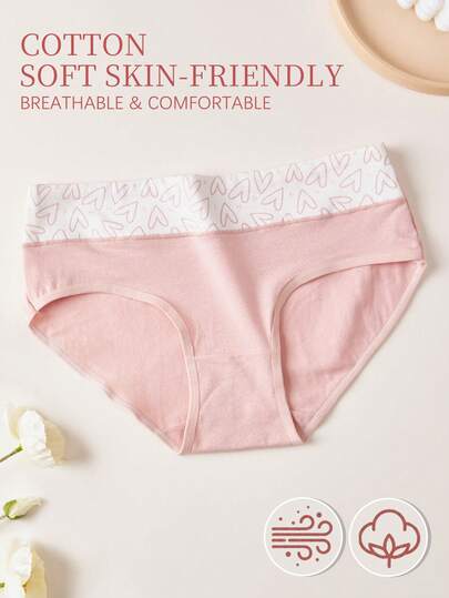 1pc Cute Cotton Women's Panties, Breathable & Comfortable Ladies Underwear, Heart Print Romantic Women's Lingerie, Mid-Waist Minimalist Sexy Women's Panties, Suitable For Dates, Daily Wear, Shopping And Other Occasions, Suitable For All Seasons Thong