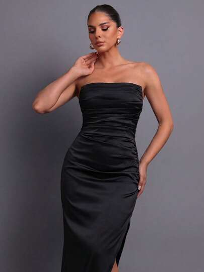 Women's Elegant Strapless Pleated High Slit Dress, Romantic Evening Gown, High-End Resort Style, Suitable For Formal Dinners, Romantic Dates, Fashion Photography, Elegant Galas, Stylish Urban Outings