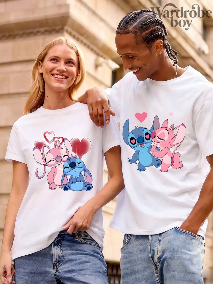 Disney Authorized Short Sleeved Couple Printed T-Shirt, Graphic Tees, Cotton Graphic Tees,Funny Graphic Tees,Suitable For Family Travel And Vacation. Mother's Day T-Shirt, Suitable For Both Men And Women. Cotton T-Shirt, Comfortable And Breathable. - 白人 - 查看 1