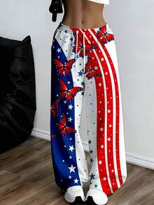 American Flag Butterfly Print Wide Leg Pants With Drawstring Waist For Casual And Sport Wear Suitable For Independence Day Celebration And Patriotic Events Perfect For Comfortable Daily Wear And Outdoor Activities Ideal For Women Who Love Fashion And Freedom Spirit Suitable For Leisure And Exercise - 白色 - 查看 1