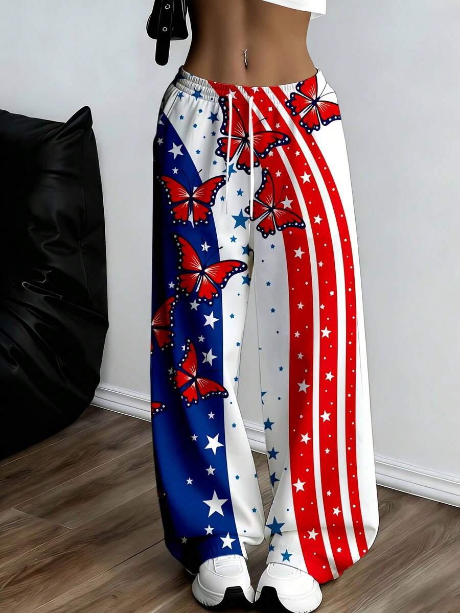 American Flag Butterfly Print Wide Leg Pants With Drawstring Waist For Casual And Sport Wear Suitable For Independence Day Celebration And Patriotic Events Perfect For Comfortable Daily Wear And Outdoor Activities Ideal For Women Who Love Fashion And Freedom Spirit Suitable For Leisure And Exercise - 白色 - 查看 1