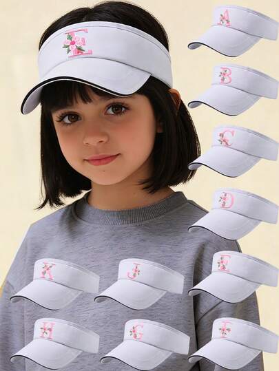 Mũ lưỡi trai cho bé gái màu trắng thêu chữ A-Z điểm nhấn màu hồng, thoáng khí, thoải mái, thích hợp cho các hoạt động ở trường/cắm trại cuối tuần/mùa xuân-hè.