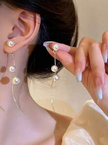 1 đôi bông tai tua rua ngọc trai dài thanh lịch, bông tai dáng dài tinh tế dành cho nữ, thích hợp cho váy dạ hội, hẹn hò, dự tiệc, quà tặng ngày lễ. - Bông tai dài tua rua ngọc trai - Xem 5