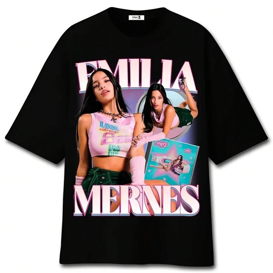 Famous Spanish Top Fashion Brand Bershka Tee Emilia Mernes Print Short Sleeve Women T-Shirts Cotton - màu đen - Xem 1
