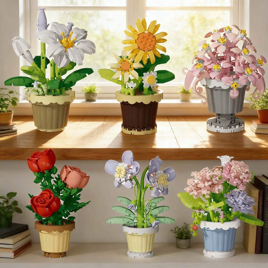 Miniature Building Block Flower Pot, Desktop Healing Decor, Handmade Assembly Educational Toy, Exquisite 3D Floral Design, Children's Enlightenment, Living Room Desk Office Desk Decoration, Detailed Flower Shape Restoration, Best Friend Birthday Gift, Home Atmosphere Goodies, Hands-On Assembly Unlock Floral Art Fun