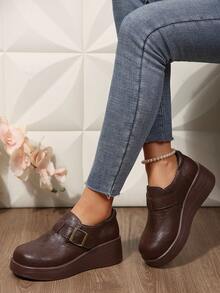 Teenage Girls' Retro Leather Platform Loafers, Buckle Wedge Casual Shoes, Comfortable Versatile Daily Wear - Brown - View 1