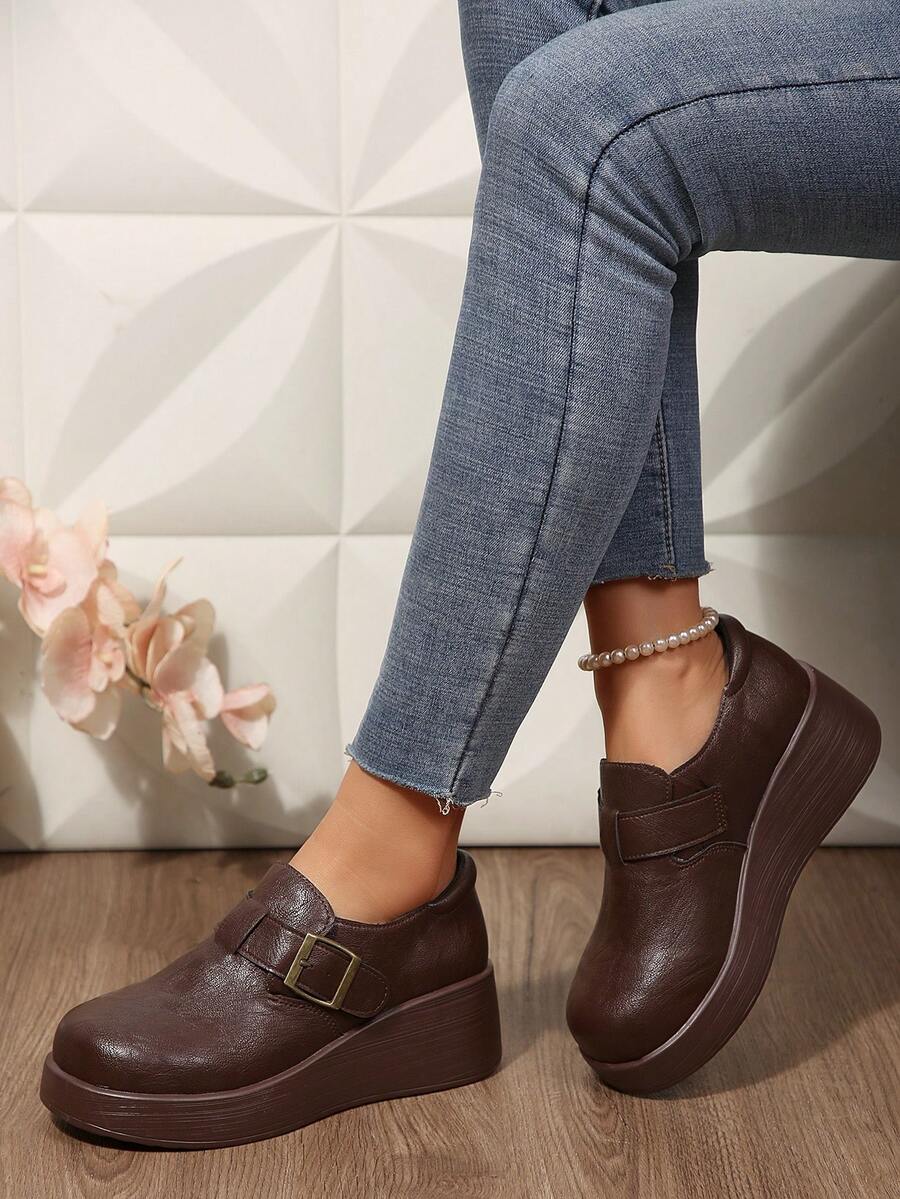 Teenage Girls' Retro Leather Platform Loafers, Buckle Wedge Casual Shoes, Comfortable Versatile Daily Wear - Brown - View 1