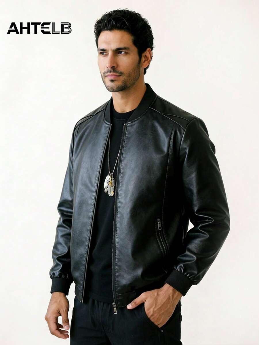 AHTELB Men's PU Leather Jacket, Stylish British Style Leather Coat, Vintage Stand Collar Casual Motorcycle Jacket, Gifts For Friends, Husbands, Boyfriends Black Spring - Black - View 1