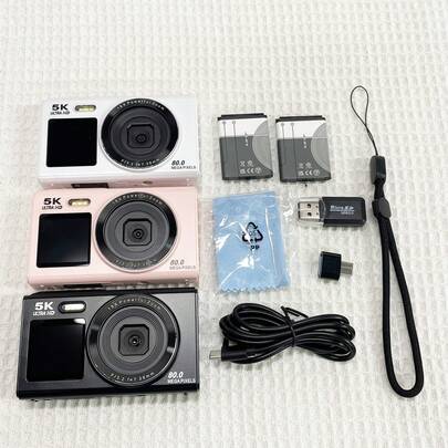 5K数码相机，8000万像素Vlog双屏摄像机，适合视频博客，18倍数码变焦和闪光灯，双屏相机配备32GB或64GB TF卡和2块电池，便携式紧凑型相机，适合青少年、学生，节日礼物之选。