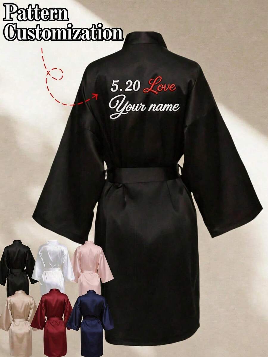 1pc Custom Long Robe Dress Kimono Style 3/4 Sleeve Women's Kimono Sleepwear, Short Sexy Spring/Summer Kimono Style Elegant Soft Shiny Lightweight Knee-Length Printed Sleepwear, Halloween Wedding Anniversary Gift - Black - View 1