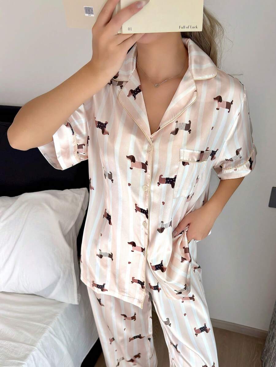 Set de 2 piezas con blusa de cuello polo con estampado de perro feliz y pantalones de pijama para mujer, Día de la Madre - Albaricoque - Ver 1