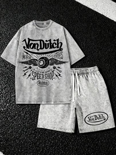 Pure Cotton Washed T Shirt And Shorts Set Vonn Dutch Motor Cycles Built For Speed Speed Shop Print Soft Comfortable Perfect For Daily Outfits Outdoor Activities Fitness And Travel Resistant To Dirt Easy To Clean Easy To Put On And Take Off Fashionable Versatile Ideal Gift For Relatives And Friends High End Texture