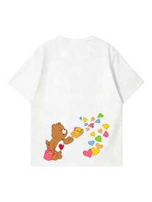 SHEIN | Care Bears 夏季女式短袖经典卡通熊爱心泼墨趣味图案T恤，融合甜美少女风与美式复古美学，日常通勤实用，适合女生郊游、夏季野餐、校园生活、购物打卡、主题市集、日常度假、假日休闲等场合，短袖上衣打造减龄时尚造型。 - 白色 - 查看 4