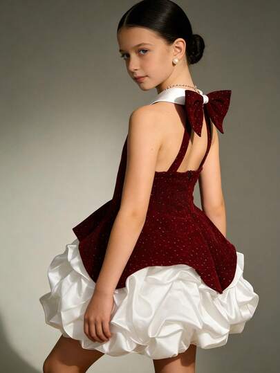 Đầm nhung màu đỏ tía cổ điển thanh lịch dành cho bé gái, cổ áo xếp ly, thắt nơ, kiểu công chúa thích hợp cho dạ hội, tiệc sinh nhật, đám cưới, lễ Phục sinh.