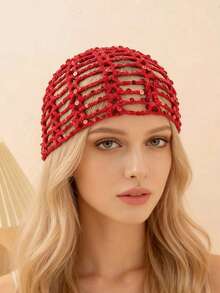 Gorro Tejido Calado Rojo con Malla y Lentejuelas Brillantes, Accesorio Fiesta Bohemio para Mujer Primavera-Verano, Complemento para Sesiones de Fotos - lago azul - Ver 6