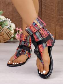 Bohemian Style Color Block Flip Flop Sandals, Retro Buckle High-Top Sandals - Red - View 3