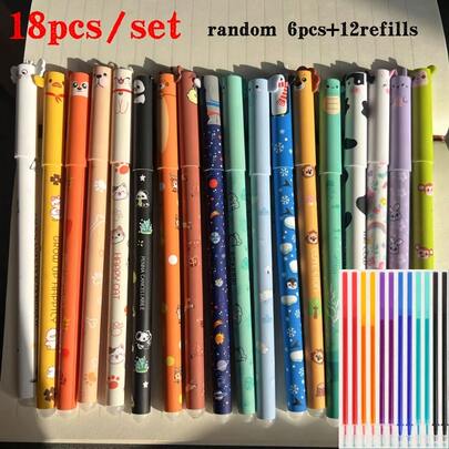 18pcs Erasable Pen Set (6 Pens + 12 Refills), Colorful Ink, Animal Appearance, Erasable Pen Refills Suitable For Office, Writing, Classroom Rewards, Back To School Gifts