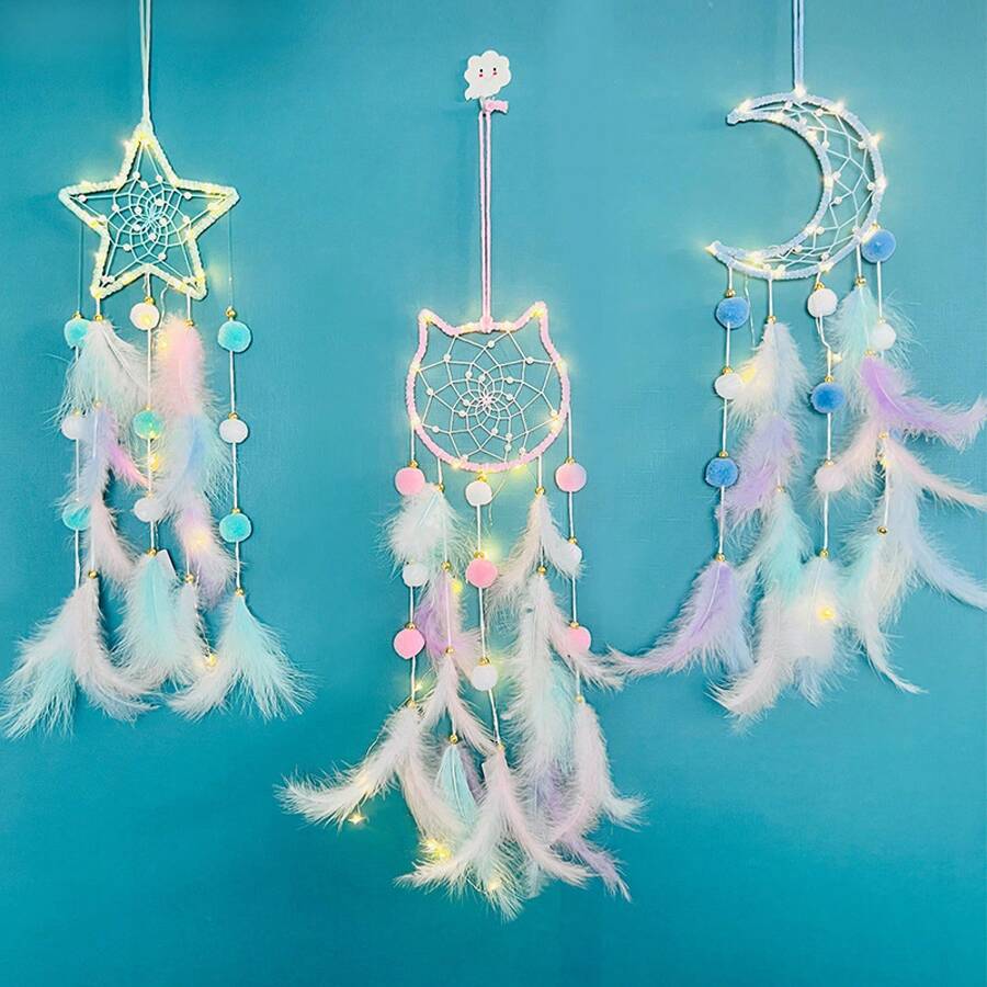 Dreamcatcher Wind Chime DIY Material Pack Feather Weaving Hanging Decor - Rabbit Head Pom-pom - Blue - View 1