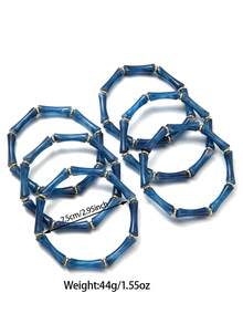 6pcs Set Of Deep Blue Bamboo Knot Resin Bangle Bracelets, Minimalist Elegant Accessories Suitable For Daily Wear And Artistic Outfits - Multicolor - View 3