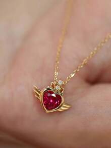 1pc 925 Sterling Silver Elegant Vintage Geometric Red Heart Zirconia Wing Pendant Necklace, Suitable For Party, Daily Wear, Mother's Day Gift - Gold - View 6