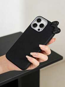 1 chiếc ốp lưng điện thoại màu đen tối giản và tinh tế, chất liệu giả da trơn, có thể cá nhân hóa, chống rơi vỡ, kèm nơ kim cương đen, tương thích với Apple 16ProMax/ 15Pro/ 14Pro/ 13Pro/12 11Pro - màu đen - Xem 4
