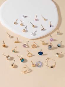 30 Pairs Assorted Fashion Earrings Set, Cute Flower, Heart, Butterfly Minimalist Stud Earrings, Suitable For Casual, Travel, Holiday, Gift - Multicolor - View 2