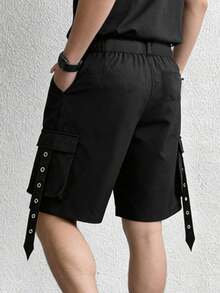 男士黑色工装短裤，带扣带装饰，多口袋哥特街头风休闲短裤 - 黑色 - 查看 3