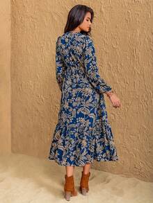 Womens Bohemian Floral Midi Dress V Neck Long Sleeve Smocked Waist Ruffle Tiered Swing Dress Casual Summer Sundress For Wedding Guest, Vacation, Daily Wear - Màu xanh hải quân - Xem 4