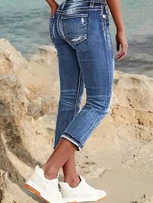 Women's Low Waisted Stretchy Distressed Capri Jeans - Cropped Ankle Length Washed Pants With Side Pockets, High-Elastic Suitable For - Casual Streetwear & Layering - 藍色 - 查看 3
