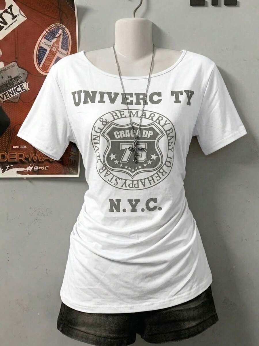 2000s Y2K Style Young Women's Comfortable & Fashionable Casual Loose Letter & Number Print Round Neck T-Shirt, Spring/Summer White - White - View 1