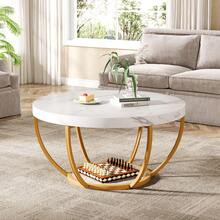 32" Round 2-Tier Coffee Table With Open Storage, Industrial Circle Accent Center Table For Living Room, Tea Table White & Gold With Metal Legs, Wood Top– Easy Assembly - Trắng và Vàng - Xem 12