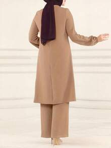 Women's Casual Modest Style Solid Color Round Neck Top With Loose Pants 2-Piece Set, Dignified And Appropriate Eid Spring - Khaki - View 3