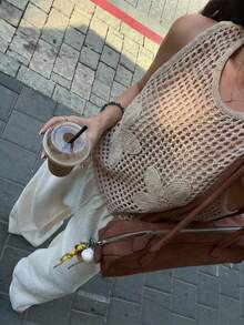 Women's Crochet Knit Sleeveless Crew Neck Top, Unique Hollow-Out Design, Medium Stretch, Regular Fit Tank Top Summer - Khaki - View 2
