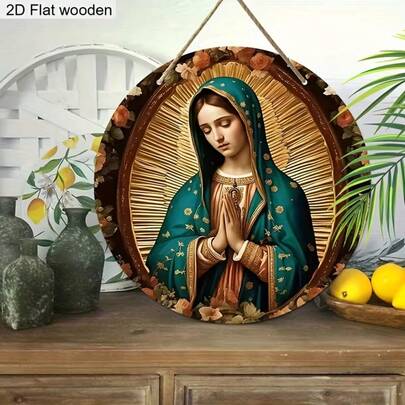Mặt dây chuyền tròn bằng gỗ kiểu cổ điển hình Đức Mẹ Maria, 2D phẳng, 1 chiếc, dạng vòng hoa, trang trí lễ Phục Sinh, phụ kiện vòng hoa, trang trí nhà cửa, trang trí tường, trang trí ngày lễ trong nhà/ngoài trời.