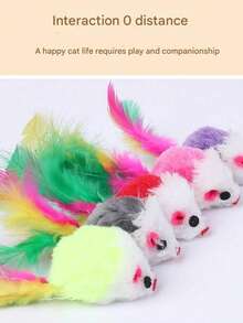20pcs Plush Small Mouse Cat Toys, Colorful Feather Tail Fluffy Mice, Realistic Mouse Toys That Vibrate And Make Sounds To Attract Cats, Self-Playing Toys - View 4