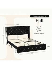 Twin/ Full/ Queen/ King Size Bed Frame, Upholstered Bed Frame With Diamond Headboard And Footboard, No Box Spring Needed With Wood Slat Support, Easy Assembly, Twin Bed Frame/  Full Bed Frame/ King Bed Frame, Black/ Pink/ White/ Purple/ Blue/ Green - 深黑 - 查看 7